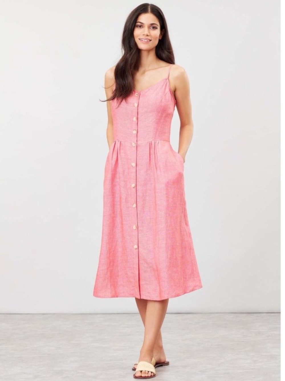 Joules Linen Heathered Red Button-Front Coastal Midi Dress
